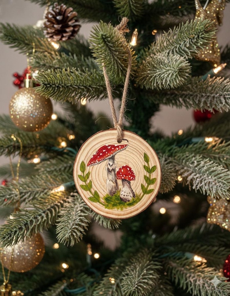 May include: A round wooden Christmas ornament featuring a hand-painted design of two red and white mushrooms with green leaves. The ornament is suspended by a natural twine string and hangs on a decorated Christmas tree.