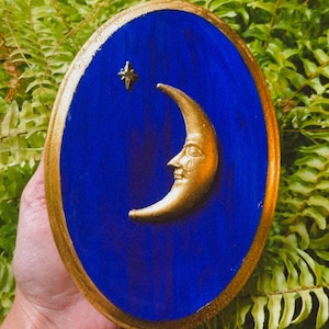 Whimsigoth Celestial Crescent Moon Frame  Wall Hanging, Man in the Moon Vintage 90’s Art, Astrology Whimsical Decor, Mystical Artwork