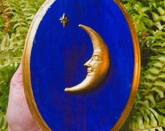 Whimsigoth Celestial Crescent Moon Frame  Wall Hanging, Man in the Moon Vintage 90’s Art, Astrology Whimsical Decor, Mystical Artwork