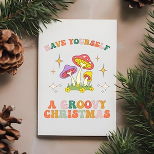 Carte de voeux de Noël rétro aux champignons, cartes de correspondance festives, ensemble de papeterie de Noël groovy