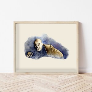 May include: Watercolour painting of a man with a pale complexion and a dark, intense expression. He is depicted with a shadowy background, suggesting a mysterious or eerie atmosphere.