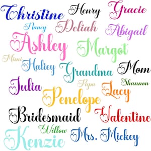May include: A collection of names in various colors and fonts, including "Christine," "Henry," "Gracie," "Ashley," "Margot," and "Bridesmaid." Each name features a heart-shaped design element, perfect for personalized gifts.