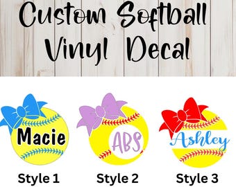 Personalized Softball Decal, Softball Bow Monogram Vinyl Sticker, Softball Team Decal,Custom Color Softball Decals, Team Sports Labels
