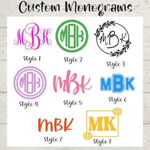 May include: An image showcasing eight custom monogram designs, each featuring the letters MBK or MK. The monograms are in various styles, including circular, floral, and block letter designs, with a range of colors and fonts. Text at the top reads "Custom Monograms."