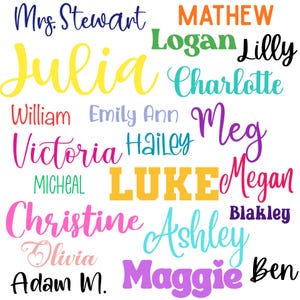 May include: A collection of names in various colors and fonts, including "Julia," "Luke," and "Maggie." The names are arranged in a visually appealing, scattered layout, suitable for personalized gifts or decorations.