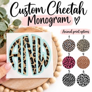 May include: A custom monogram decal featuring the letters ANW in a cheetah print pattern with a light blue border. The image includes the text Custom Cheetah Monogram and a chart labeled Animal print options with six numbered circles.