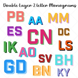 May include: A collection of double layer 2 letter monograms in various colors and fonts. The text Double Layer 2 letter Monograms is displayed at the top. Each pair of letters features a primary color with a contrasting shadow layer behind it.
