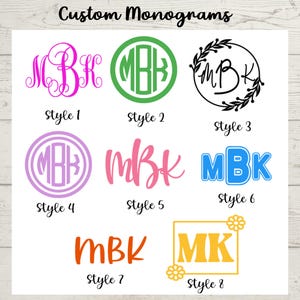May include: A collection of eight custom monogram designs labeled Style 1 through Style 8. The graphics feature the letters MBK or MK in various fonts, colors, and decorative frames including circles, floral wreaths, and squares on a white background.