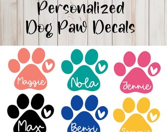 Paw print Name Vinyl Decal, Dog Paw Name Sticker, Dog Car Window Decal, Custom Dog Food Container Label, Personalized Dog Paw Heart Sticker