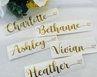 Handwritten Script Heart Name Decal, Wedding Favors, Bridesmaid Proposal Box, Maid of Honor, Bridal Party Gift Tag labels, Foil name decals