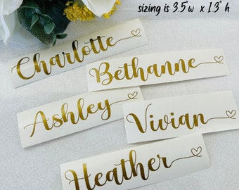 Handwritten Script Heart Name Decal, Wedding Champagne Glass Decal, Bridesmaid Decal, Maid of Honor, Bridal Party Gift Tag labels,Foil decal