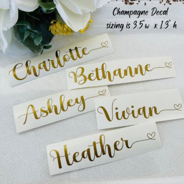 Handwritten Script Heart Name Decal, Wedding Champagne Glass Decal, Bridesmaid Decal, Maid of Honor, Bridal Party Gift Tag labels,Foil decal