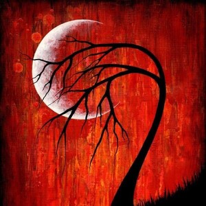 May include: A black silhouette of a tree with branches reaching up towards a white crescent moon against a red and orange background. The text "© 2010 Carly Landry" is at the bottom of the image.