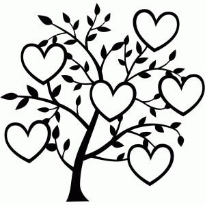 Puede incluir: Una silueta negra de un &aacute;rbol con seis hojas en forma de coraz&oacute;n. El &aacute;rbol es un s&iacute;mbolo de amor y familia.