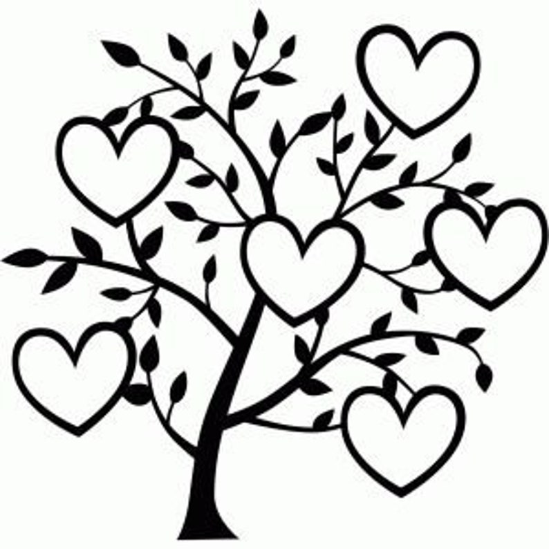 Puede incluir: Una silueta negra de un &aacute;rbol con seis hojas en forma de coraz&oacute;n. El &aacute;rbol es un s&iacute;mbolo de amor y familia.
