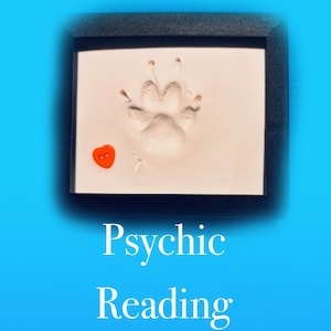May include: A framed white paw print with a red heart button. The text "Passed Pet Psychic Reading" is written in white on a blue background. A cartoon orange cat is in the top right corner.