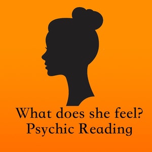 Könnte beinhalten: Eine Silhouette einer Frau mit einem Dutt, vor einem orangenen Hintergrund. Der Text "What does she feel? Psychic Reading" befindet sich unter der Silhouette.