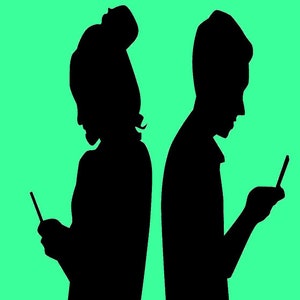 May include: Silhouettes of two people, a woman and a man, standing back to back, each looking down at a smartphone in their hands.