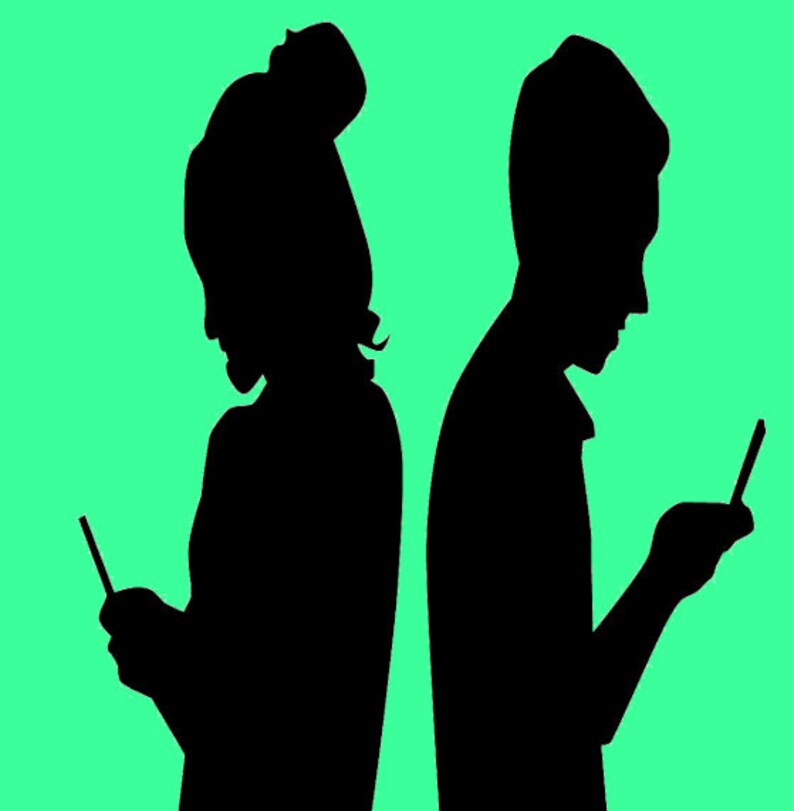 May include: Silhouettes of two people, a woman and a man, standing back to back, each looking down at a smartphone in their hands.
