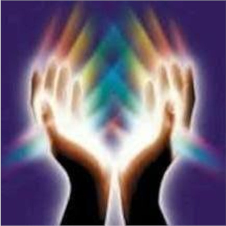 May include: Two hands raised with palms facing up, glowing with a bright white light. The light is surrounded by a rainbow of colors, creating a spiritual and ethereal atmosphere.