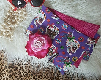 Retro Rockabilly Sugar Skull Bow Style Head Scarf with Flower Clip and crystal clip, Reversible with Pink Leopard Print