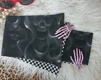 Pin Up, Rockabilly, Bow Style Head Scarf with Skull, Bone Hair Clips, Black Skull