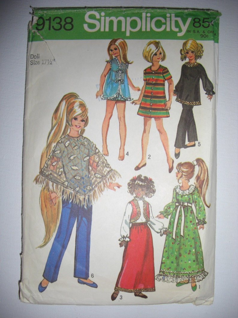 Vintage Doll Clothes Simplicity Sewing Pattern for 17 1/2 inch Doll 70's/Bohemian/Mod/Rock Star image 1