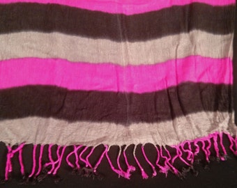 Ultra Soft Ombre Stripe Fringe Scarf - Hot Fuchsia Pink, Grey, Black