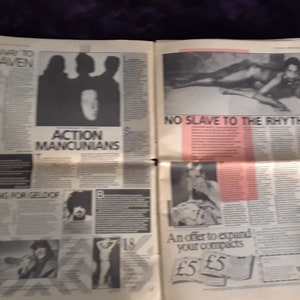 May include: A vintage newspaper spread featuring various articles and images. Headlines include "AIRWAY TO HEAVEN", "ACTION MANCUNIANS", and "NO SLAVE TO THE RHYTHM". The layout includes black and white photographs and text columns.