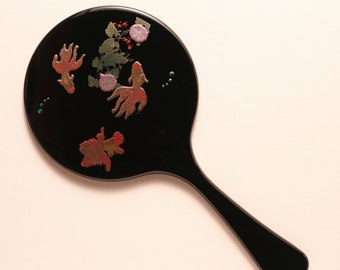 Hand Held Hand Mirror Goldfish "KINGYO" Japan traditional craft "MAKI-E" lacquer decoration Made in Japan Large Black