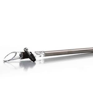 May include: A silver wine aerator with a clear plastic spout and a black stopper. The aerator is designed to improve the taste of wine by adding oxygen.