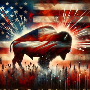 Può includere: Rappresentazione artistica di una silhouette di bisonte, che incorpora il design della bandiera americana. L'immagine presenta un'esplosione di strisce bianche e rosse, sullo sfondo della bandiera e un campo di erba alta.