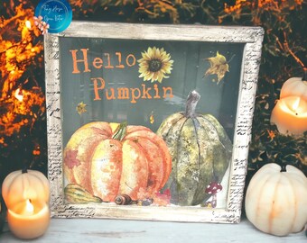 Vintage Whitewashed Pumpkin Fall Window • Autumn Home Decor • Antique • Rustic • Art • Custom Seasonal Decoration • Hello Pumpkin • Wall Art