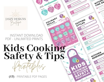 Kids Kitchen & Cooking Safety And Tips Printable Bundle, DIY 17 Pages, Culinary, Children, PDF, Measuring Chart, Fire Safety, Shopping List