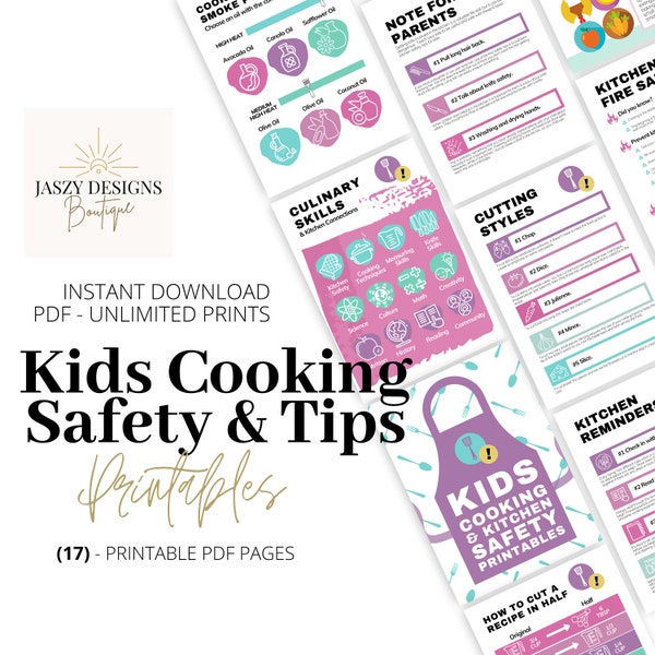 Kids Kitchen & Cooking Safety And Tips Printable Bundle, DIY 17 Pages, Culinary, Children, PDF, Measuring Chart, Fire Safety, Shopping List