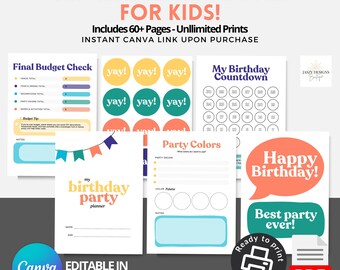 May include: A printable birthday party planner for kids with over 60 pages. The planner includes a budget checklist, a countdown calendar, a party colors page, and a happy birthday banner. The planner is editable in Canva and can be printed as a PDF.