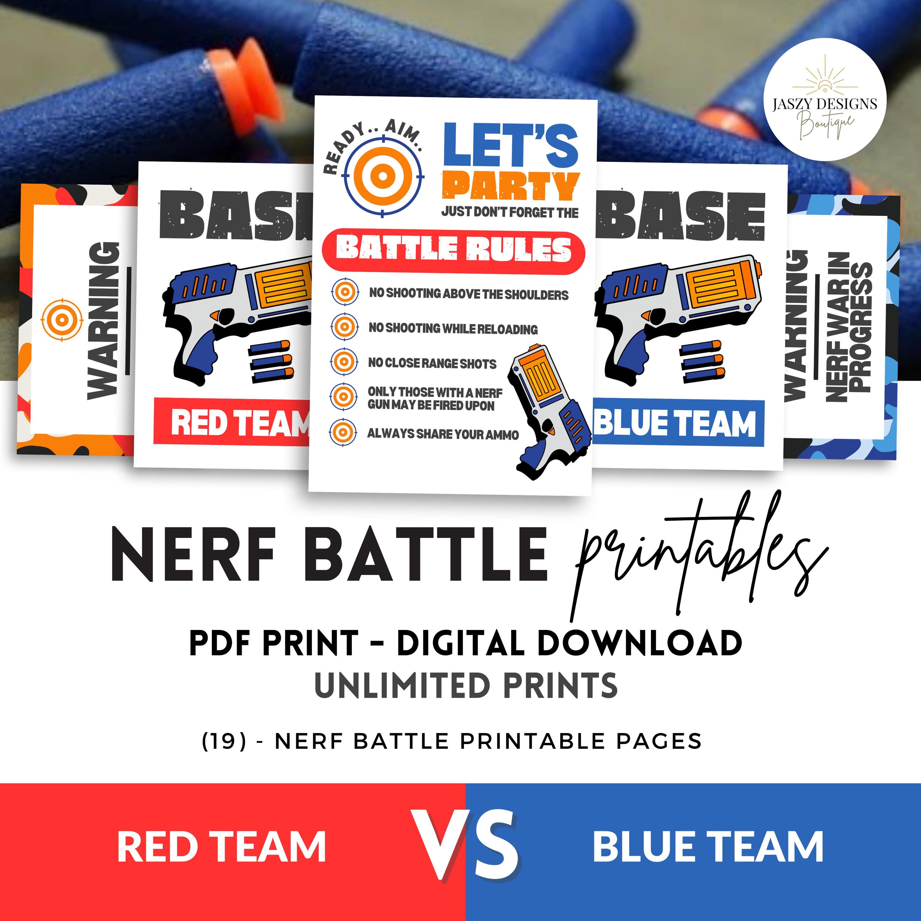 Dart Gun Battle Party Kit Printable | Digital Download | Birthday Decor, Game Signs, Targets, Banners | DIY | Kids | Red vs Blue | PDF Print