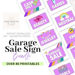 Garage Sale Sign Bundle, 80+ Sheets, DIY, Printable, Clothing Dividers, Pricing Sheets,Retro Y2K, Direction Signs, Estate Sale, Rummage Sale