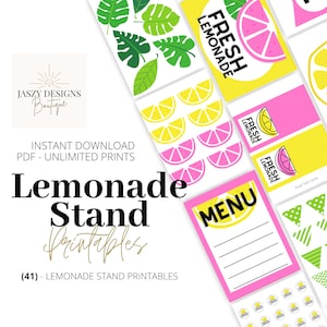Lemonade Stand Sign Bundle, DIY 41 Pages, Summer Stand, Kids, PDF, Instant Download, Lemon, Banner, Menu, Tent Cards, Straw Tags, Printable