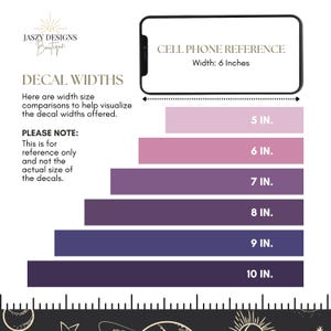 May include: A size reference chart for decal widths featuring a cell phone graphic labeled 6 inches and six horizontal bars in shades of purple ranging from 5 inches to 10 inches. Text includes Jaszy Designs Boutique, Decal Widths, and reference notes.
