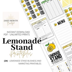Lemonade Stand Business Plan and Marketing Signs Bundle, DIY 25 Pages, Summer Stand, Kids, PDF, Instant Download, Lemon, Banner, Menu, Print