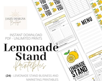 Lemonade Stand Business Plan and Marketing Signs Bundle, DIY 25 Pages, Summer Stand, Kids, PDF, Instant Download, Lemon, Banner, Menu, Print