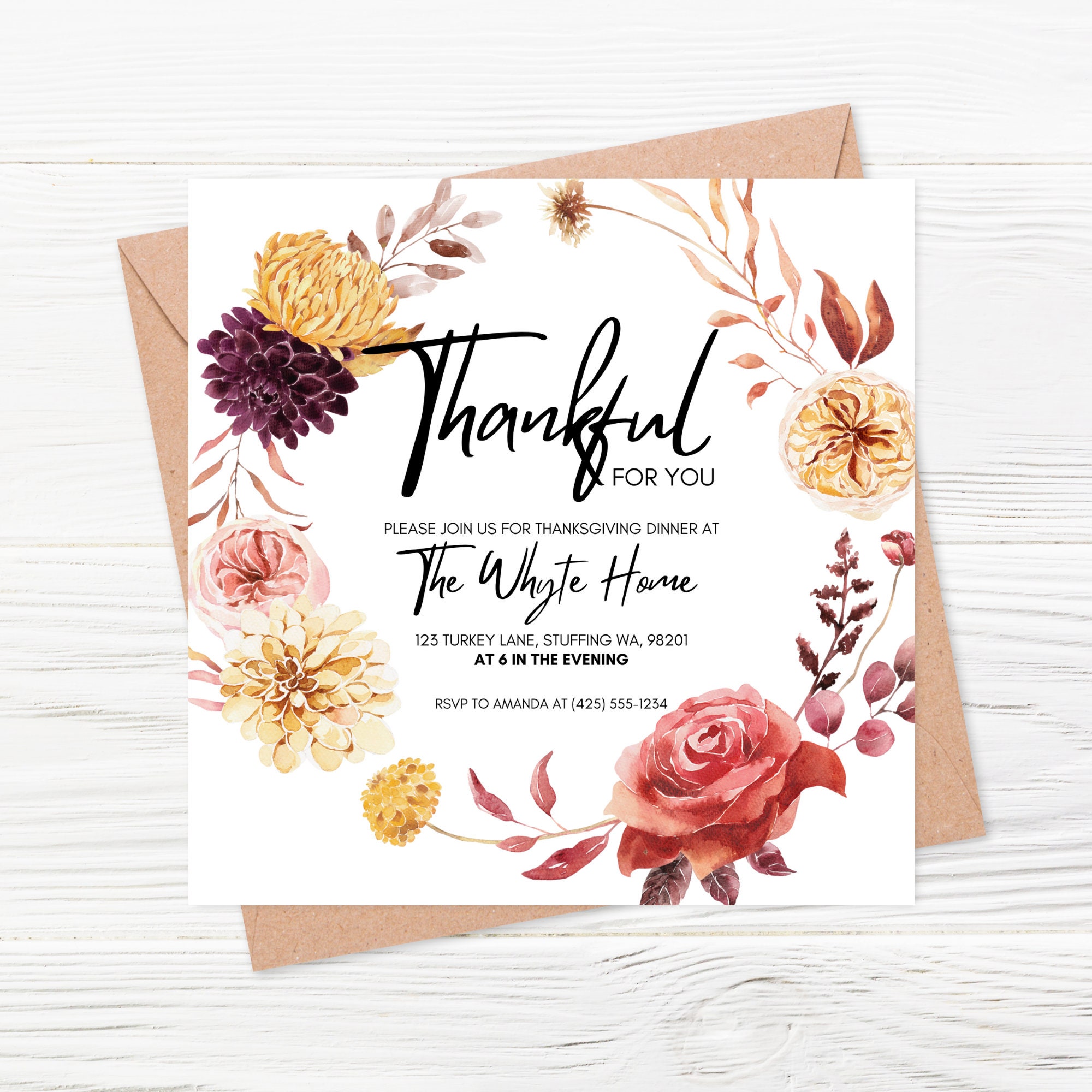 Thankful For You Dinner Invitation Editable 7x7 Etsy