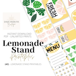Lemonade Stand Sign Bundle, DIY 42 Pages, Summer Stand, Kids, PDF, Instant Download, Lemon, Banner, Menu, Tent Cards, Straw Tags, Printable