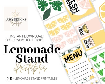 Lemonade Stand Sign Bundle, DIY 42 Pages, Summer Stand, Kids, PDF, Instant Download, Lemon, Banner, Menu, Tent Cards, Straw Tags, Printable
