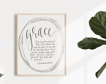 Grace with Wreath // 8x10 Hand Lettered Framable Print // 1 Corinthians 15:10