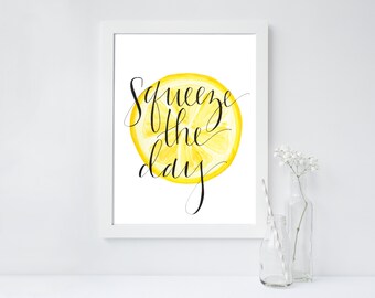 Squeeze the Day 8x10 Framable Art Print // Watercolor Lemon Background