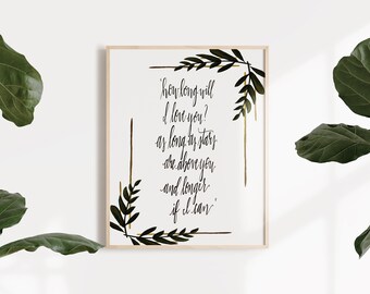 How Long Will I Love You Lyrics // Ellie Goulding Lyrics // 8x10 Framable Art Print // Handlettering