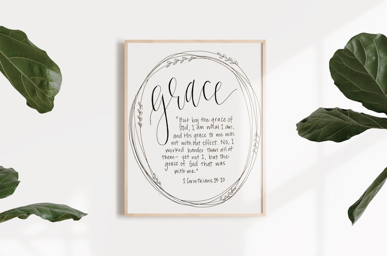 Grace with Wreath // 8x10 Hand Lettered Framable Print // 1 Corinthians 15:10 image 1