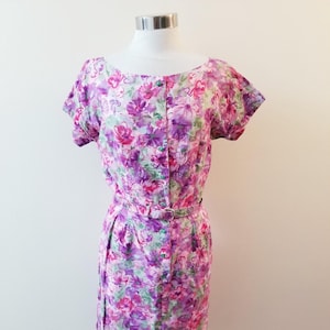 50s Vintage Handmade Cotton Floral Dress - Large
